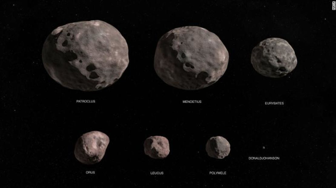 La misión Lucy de la NASA explorará siete asteroides troyanos. Esta ilustración muestra el asteroide binario Patroclus/Menoetius, Eurybates, Orus, Leucus, Polymele y el asteroide del cinturón principal DonaldJohanson.