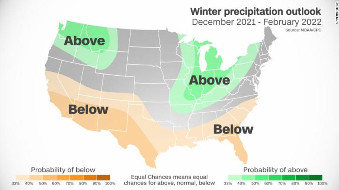 En este mapa se muestran las previsiones para precipitaciones este invierno boreal. Las zonas marcadas con verde tendrán un nivel de precipitación mayor a la media, mientras que las zonas naranja tendrán un nivel inferior.