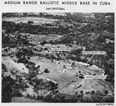 Una foto espía de una base de misiles balísticos de medio alcance en San Cristóbal, Cuba, con etiquetas que detallan varias partes de la base, en octubre de 1962.