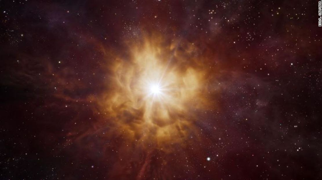 La impresión de este artista muestra el núcleo brillante de una estrella Wolf-Rayet rodeada de material que ha sido expulsado por la propia estrella.