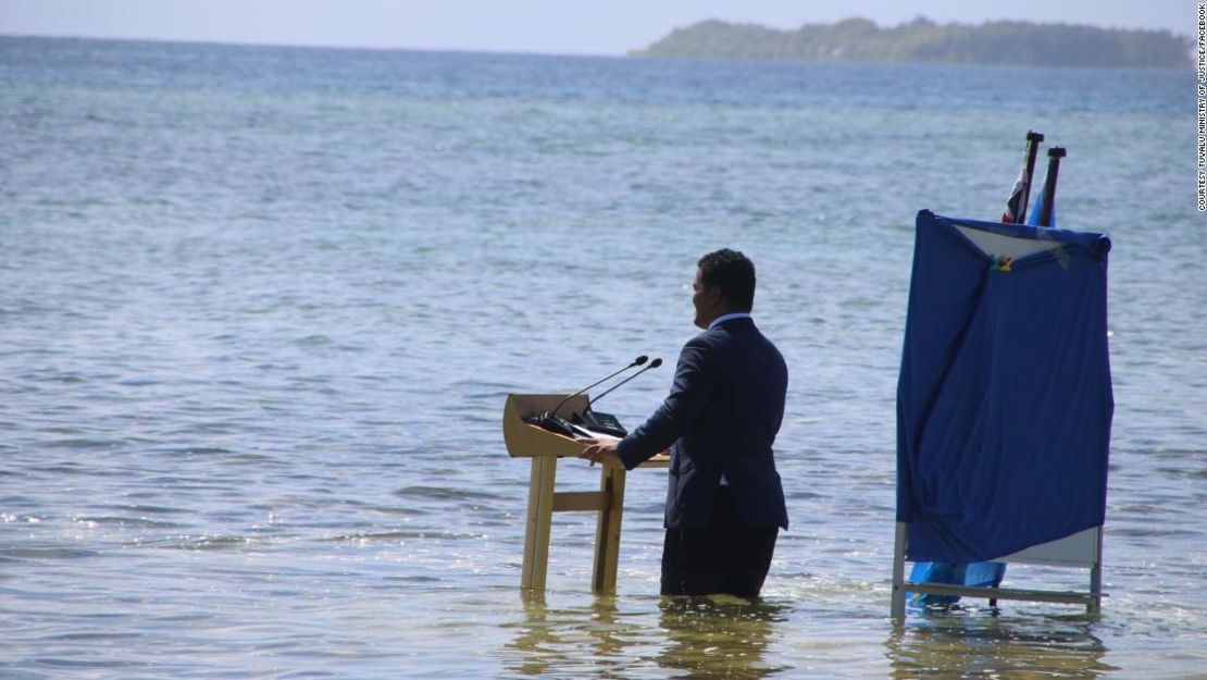 Tuvalu???s Minister recorded a COP 26 message in knee-deep seawater to highlight the real-life impact of climate change in their country.