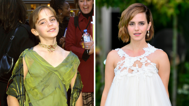 En esta imagen, puede verse a Emma Watson cuando asistió al estreno de la película en 2001 (izquierda) y en la entrega de los premios ambientales Earthsot este 2021.