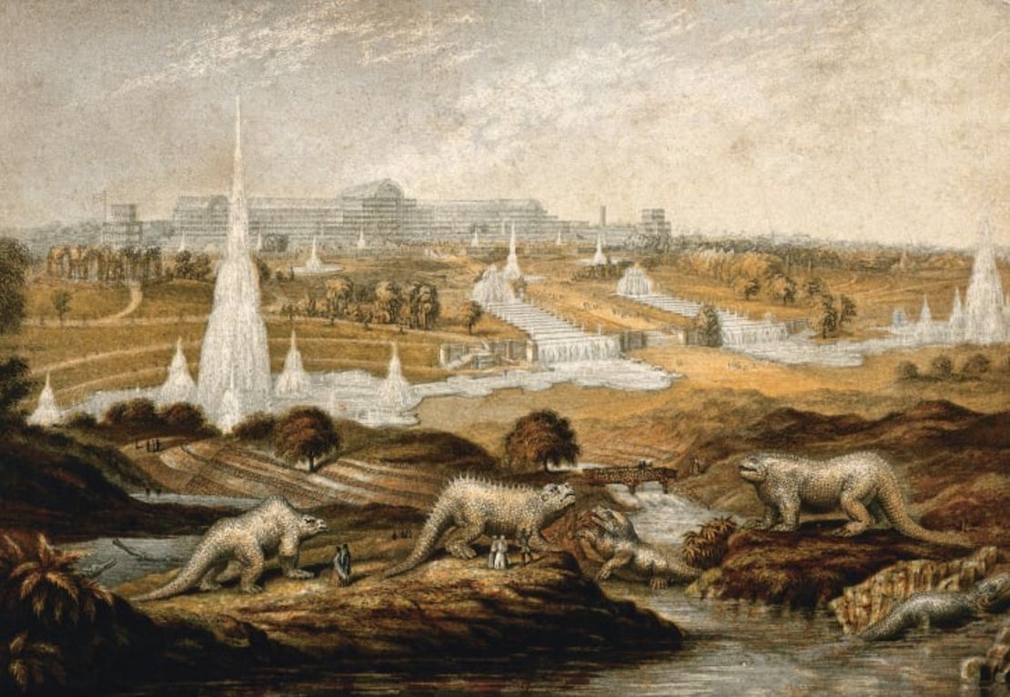 Vista de la exposición del Crystal Palace con las fantásticas reconstrucciones de dinosaurios de Richard Owen en primer plano, realizadas por el impresor londinense George Baxter. Crédito: Wellcome Collection