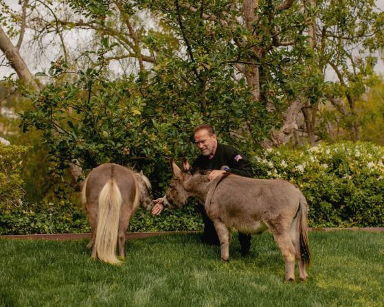 21 de abril — el actor y exgobernador de California Arnold Schwarzenegger junto a su caballo miniatura, Whiskey, y su burro miniatura, Lulu, en su casa de Los Ángeles.