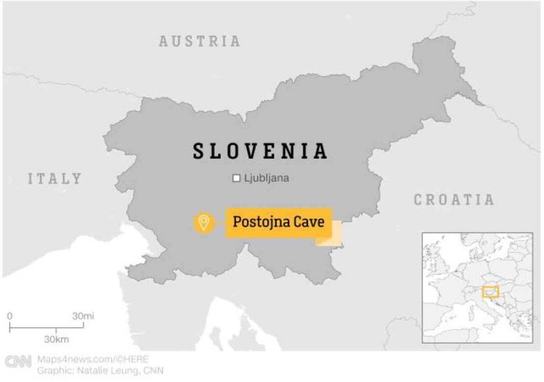 Ubicación de la cueva Postojna en Eslovenia, único lugar donde habitan los proteos.