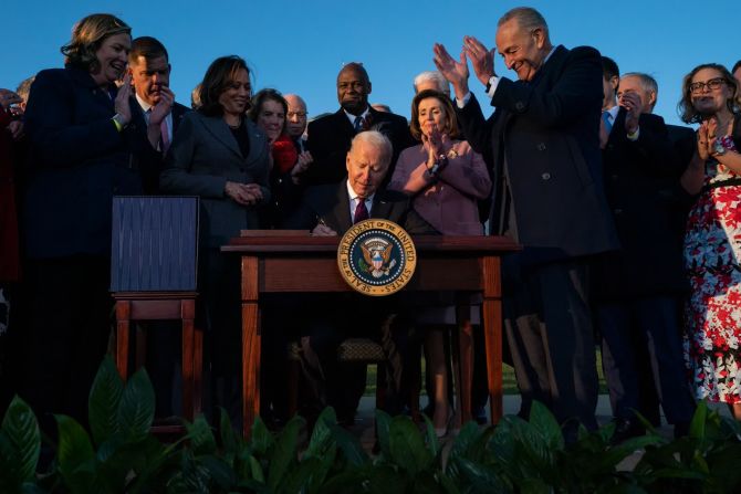 15 de noviembre – el presidente de Estados Unidos, Joe Biden, firma un proyecto de ley de infraestructura bipartidista durante una ceremonia en el jardín sur de la Casa Blanca. La legislación de US$ 1,2 billones se centra en infraestructura como carreteras y puentes.