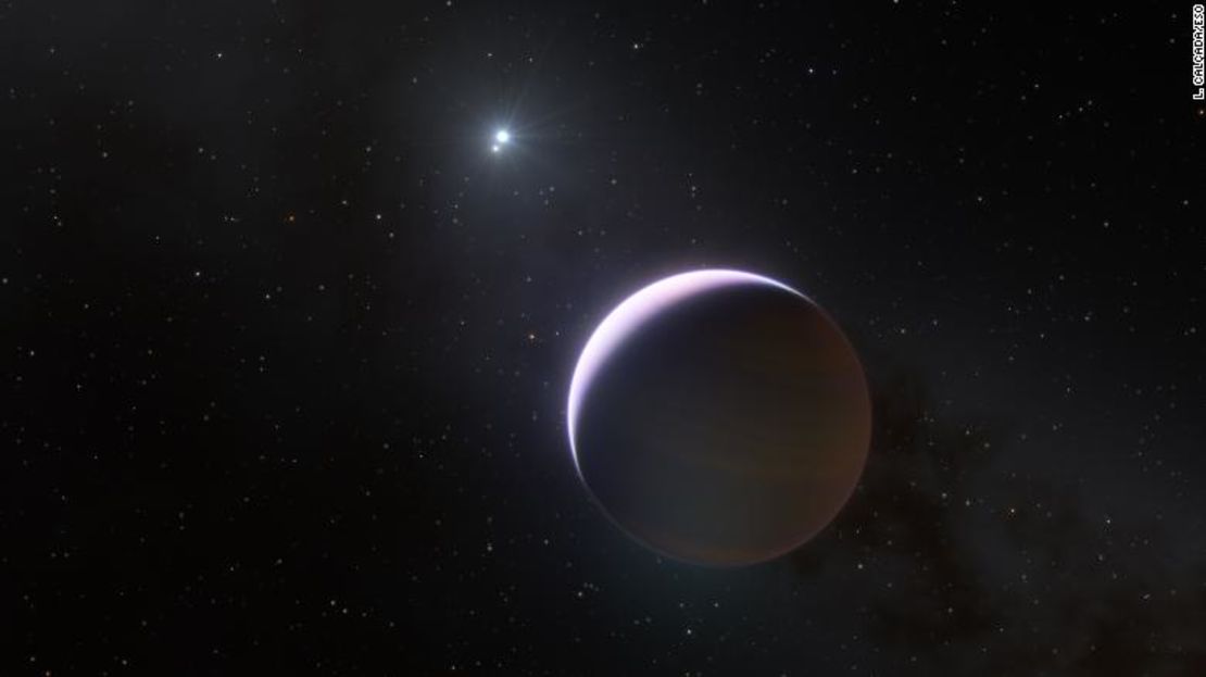 Esta impresión artística muestra un primer plano del planeta b Centauri b, que orbita un sistema de dos estrellas a una distancia 100 veces superior a la que Júpiter orbita alrededor del Sol.