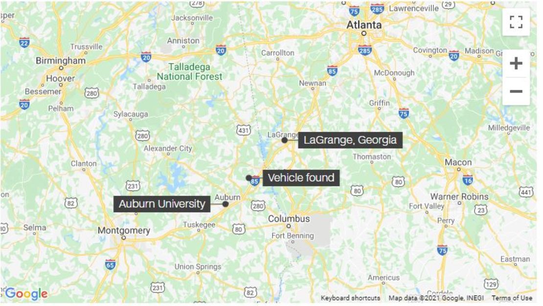 En el mapa se pueden distinguir tres ubicaciones: la universidad Auburn, al sur; al centro la ubicación donde se encontró el automóvil y al norte el poblado de LaGrange, Georgia, de donde partió el estudiante antes de su desaparición.