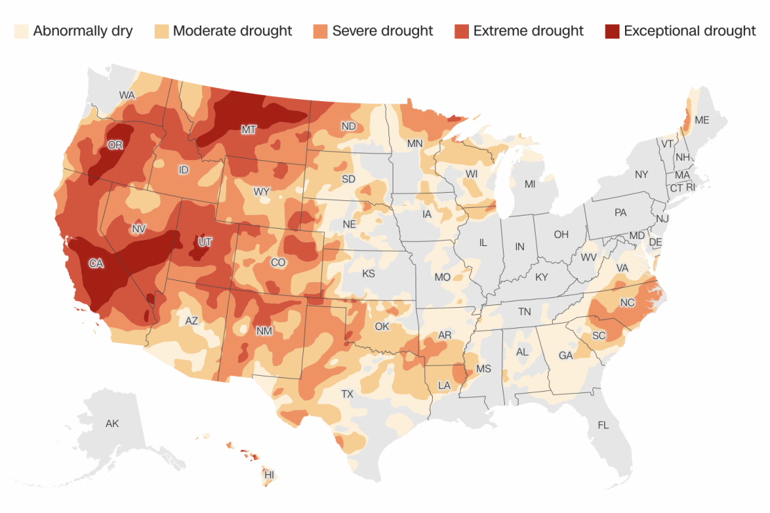 Niveles de la sequía en Estados Unidos. Los colores más oscuros, que predominan en la costa oeste, representan sequía extrema y sequía excepcional. La gráfica representa datos analizados el martes 7 de diciembre.