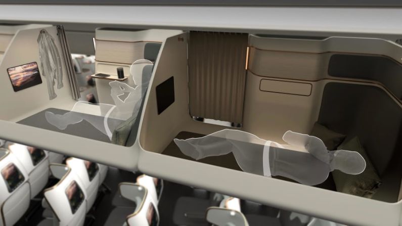 Un armario superior reimaginado: el concepto Cloud Capsule de Toyota Boshoku reimagina el compartimento superior como una especie de cama-cápsula para los pasajeros de clase turista en pleno vuelo. Cortesía de Crystal Cabin Awards