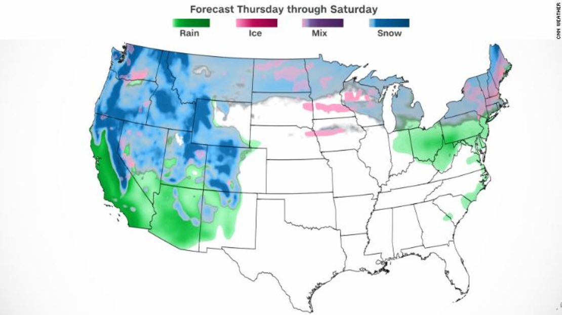 La nieve se extenderá más con la tormenta del fin de semana. Este mapa muestra algunas de las precipitaciones que podrían caer durante los próximos días.