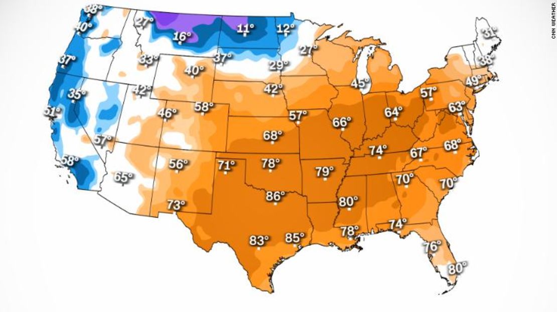 Las altas temperaturas estarán muy por encima del promedio (color naranja) para una buena parte del país el día de Navidad. Las únicas temperaturas por debajo del promedio (azul y violeta) se esperan en el extremo norte del país y partes del oeste. (Los números están en grados Fahrenheit).