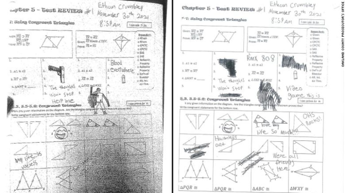 Los fiscales aseguran que Ethan Crumbley hizo "modificaciones" a su dibujo después de que fue descubierto. El dibujo original está a la izquierda.