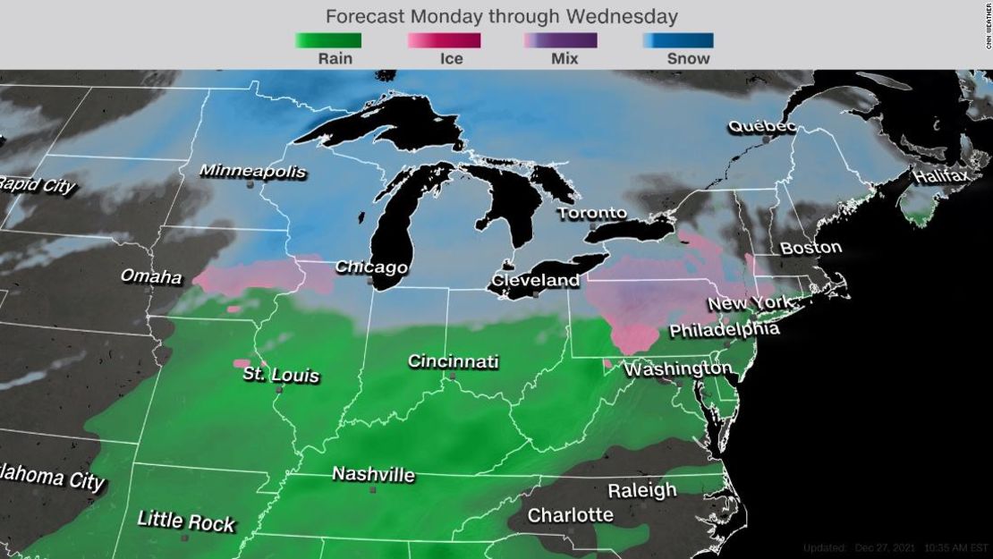 Pronóstico desde el lunes hasta el miércoles. Las zonas de color verde esperan lluvias; las zonas fucsia esperan hielo; las zonas violeta tendrán condiciones mezcladas y las zonas azul esperan nieve.