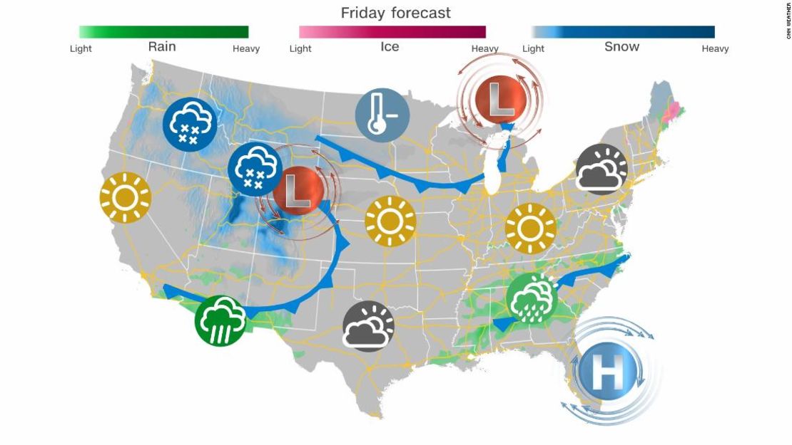 Pronóstico para el viernes.Las zonas verde esperan lluvia; las zonas fucsia esperan hielo y las zonas azul esperan nieve.