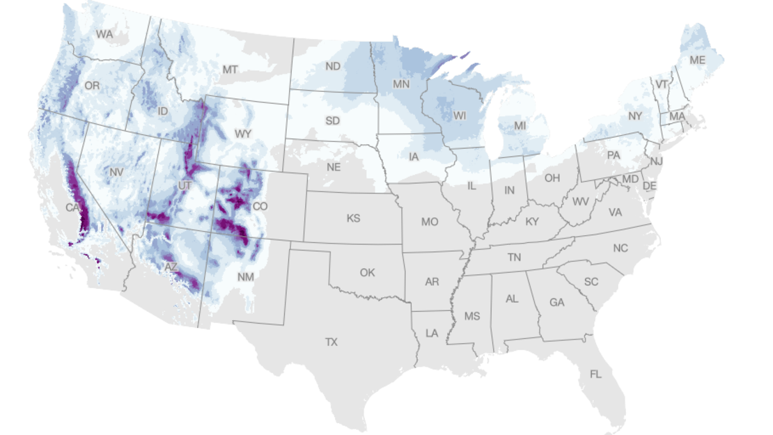 Pronóstico a partir del lunes 27 de diciembre a la 1:00 p.m. ET.Fuente: Servicio Meteorológico Nacional, Oficina del Censo de EE.UU.Gráfico: John Keefe, CNNPronóstico de nieve hasta el jueves a las 7 a.m. ET