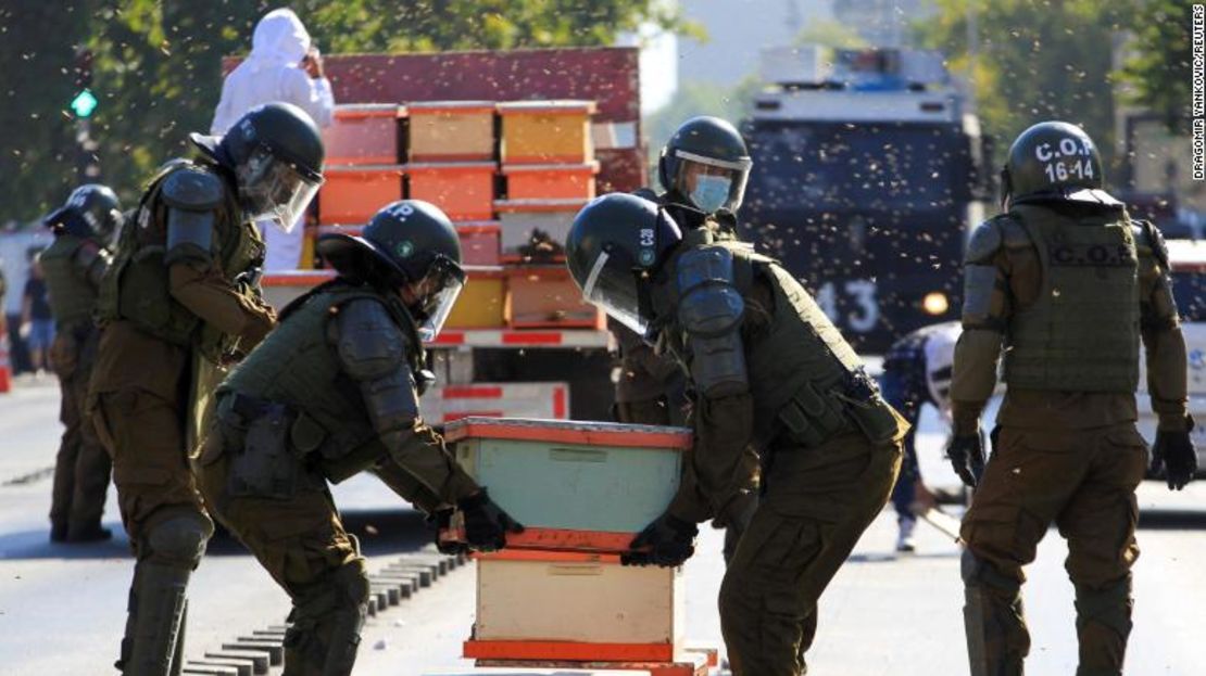 La policía antidisturbios retira los panales durante la protesta en Santiago.