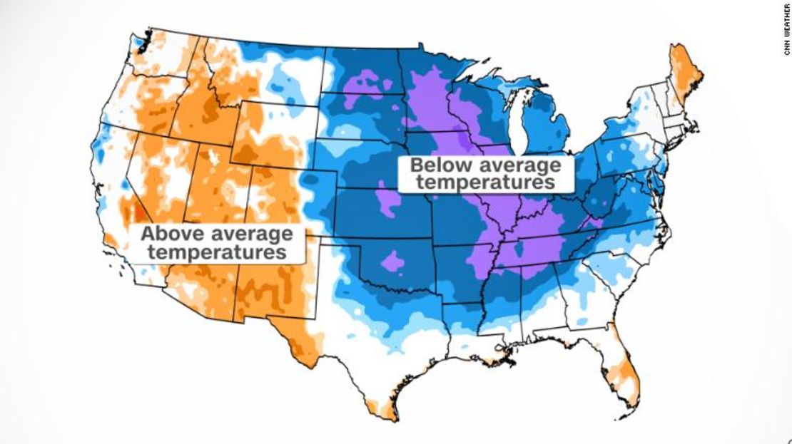 En el mapa se pueden apreciar las zonas con temperaturas superiores a la media en naranja y con temperaturas inferiores a la media en azul-violeta.