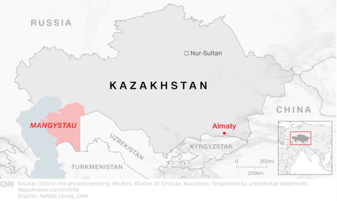 Las protestas comenzaron en la región petrolera de Mangystau y se trasladaron a Almaty, la ciudad más grande, y Nur Sultan (Astaná), la capital.