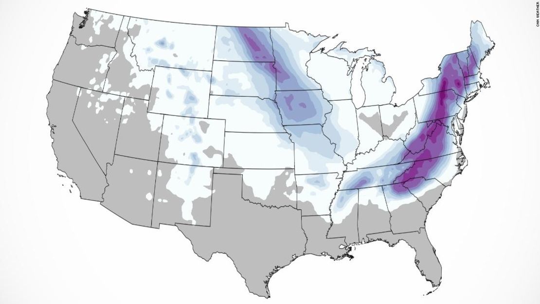 Un modelo de clima mostró una gran franja de nieve en el sur hacia el noreste. Pero los meteorólogos advierten que imágenes como esta pueden ser engañosas. Parte de lo que muestra el modelo en realidad podría convertirse en aguanieve o incluso lluvia helada.