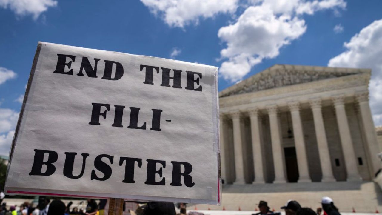 WASHINGTON, DC - JUNE 24: Activists rally against the legislative filibuster outside of the Supreme Court on June 24, 2021 in Washington, DC.