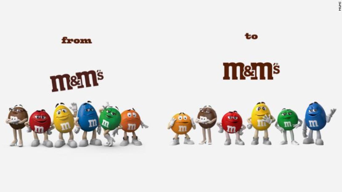 El logotipo y los personajes antiguos de M&M se muestran a la izquierda y las nuevas versiones a la derecha. Los cambios incluyen calzado nuevo para los seis caracteres y un logotipo enderezado que enfatiza el ampersand.