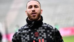 Paris Saint-Germain's Spanish defender Sergio Ramos runs during the warm-up session before the French L1 football match between AS Saint-Etienne and Paris Saint Fermain (PSG), at the Geoffroy-Guichard stadium in Saint-Etienne, central France, on November 28, 2021. (Photo by Jeff PACHOUD / AFP)