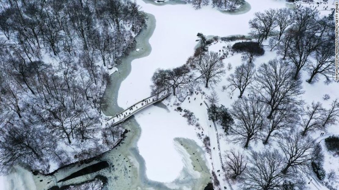 Una vista aérea muestra la capa de nieve en Central Park el sábado.