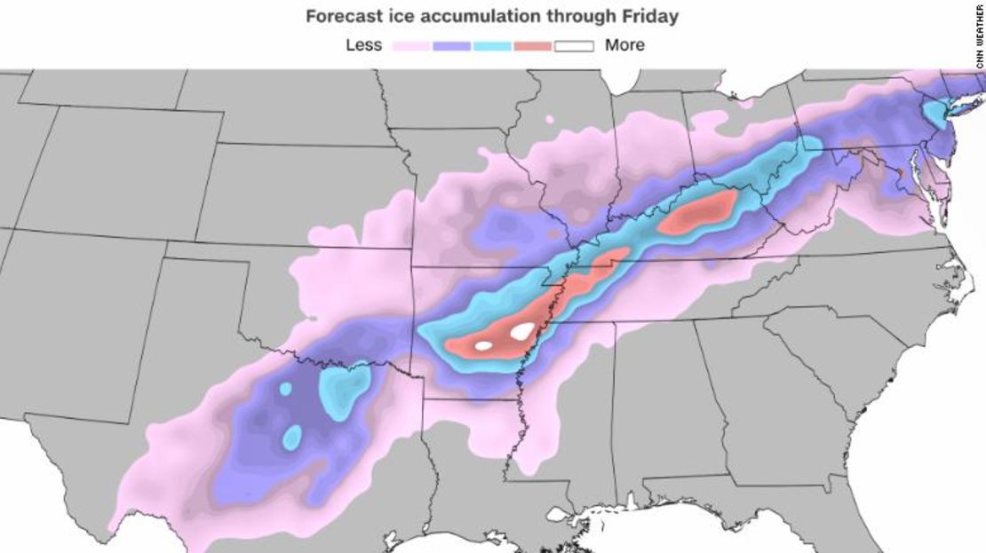 Los modelos aún no se ponen de acuerdo sobre la cantidad de hielo que se formará con esta tormenta invernal, sin embargo, aquí está un posible escenario. Las zonas de color rosa tendrán menos acumulación de hielo. Las zonas blancas son las que esperan mayor formación.