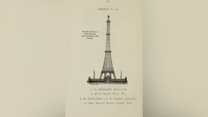 El proyecto ganador: diseñado por los arquitectos londinenses Stewart, McLaren y Dunn, la propuesta ganadora tenía una estructura similar a la de la Torre Eiffel, aunque más esbelta.