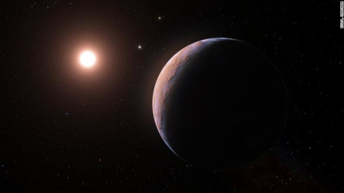 Esta ilustración muestra una vista más amplia de Proxima d (derecha) mientras orbita Proxima Centauri (izquierda).