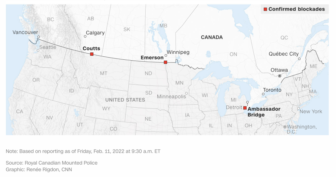 Bloqueos por protestas en Canadá:Los manifestantes han estado ocupando carreteras importantes entre Canadá y Estados Unidos durante varios días. Aquí están los pasos fronterizos con bloqueos confirmados.