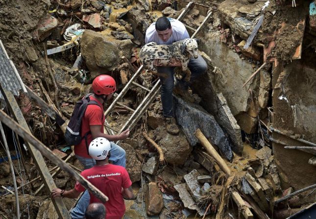 Un residente rescata a un perro después de un deslizamiento de tierra en Petrópolis.