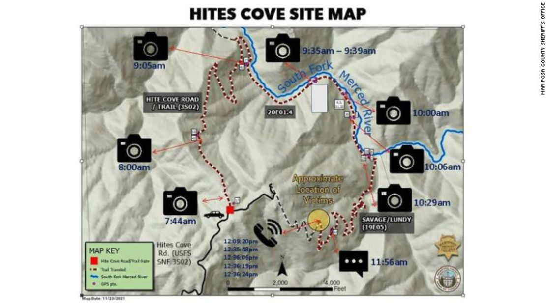 Este mapa de la Oficina del Sheriff del Condado de Mariposa muestra el uso del teléfono de Jonathan Gerrish y Ellen Chung.