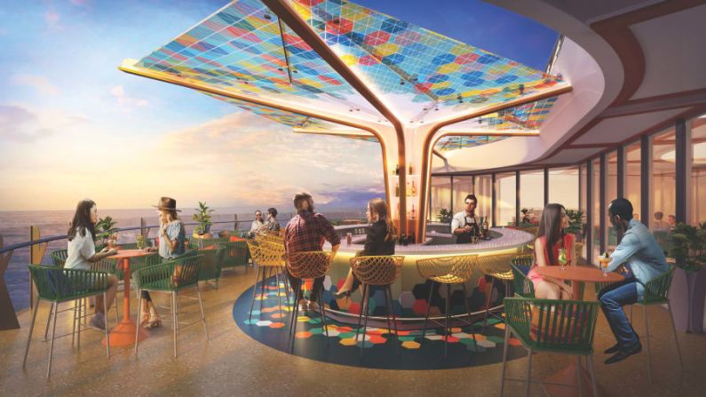 Los mejores servicios: sus características a bordo incluyen lo que se describe como el "tobogán más alto del mar", una tirolesa de 10 pisos de altura y bares como The Vue, visto aquí en una representación. Crédito: Royal Caribbean