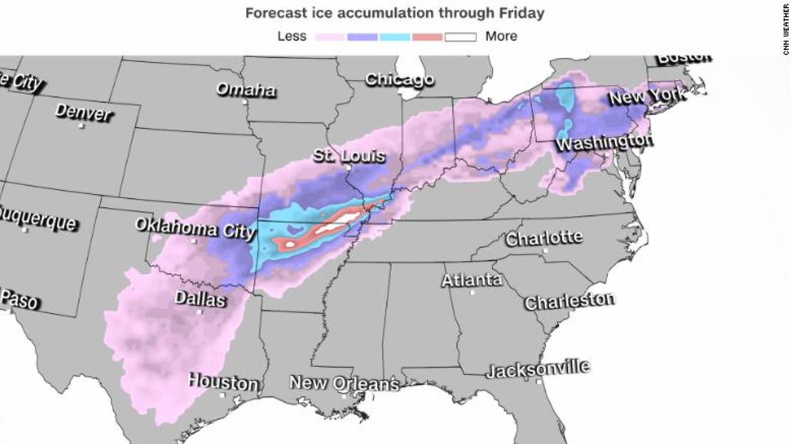 Predicción de acumulación de hielo hasta el viernes.El mapa muestra un gradiente de acumulación donde rosa representa la zona de menor acumulación y blanco el nivel más alto.