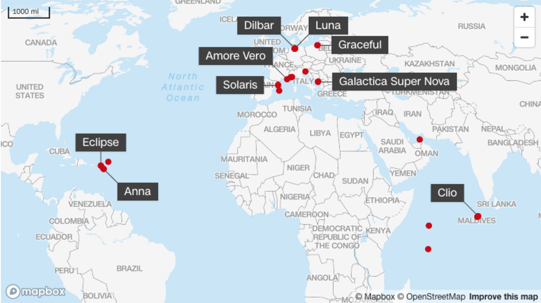 Una revisión de CNN de los datos de ubicación marítima encontró más de una docena de yates en todo el mundo que los informes de los medios han vinculado a los oligarcas rusos identificados por el Departamento del Tesoro de EE.UU.