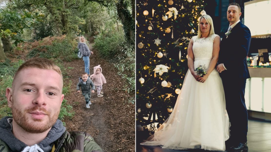 El ciudadano británico Jake Dale (izquierda) aparece en la foto con su familia. Peter Hurst (derecha) aparece en la foto con su esposa el día de su boda. Ambos planean estar en Ucrania el sábado.