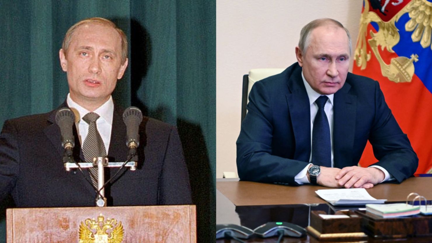 A la izquierda: Vladimir Putin cuando fue presidente por primera vez, en el año 2000. A la derecha: Putin el 3 de marzo de 2022, durante una reunión en la que dijo que la "operación" en Ucrania iba "según lo planeado".