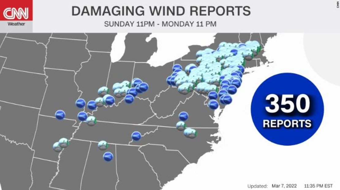 Más de 65 millones de personas en el noreste de Estados Unidos estaban bajo avisos de viento en la mañana de este martes.