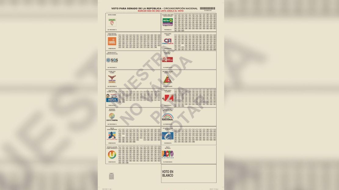 Tarjetón electoral al Senado por circunscripción nacional. Los partidos que no tienen números al frente son de lista cerrada o no preferente.