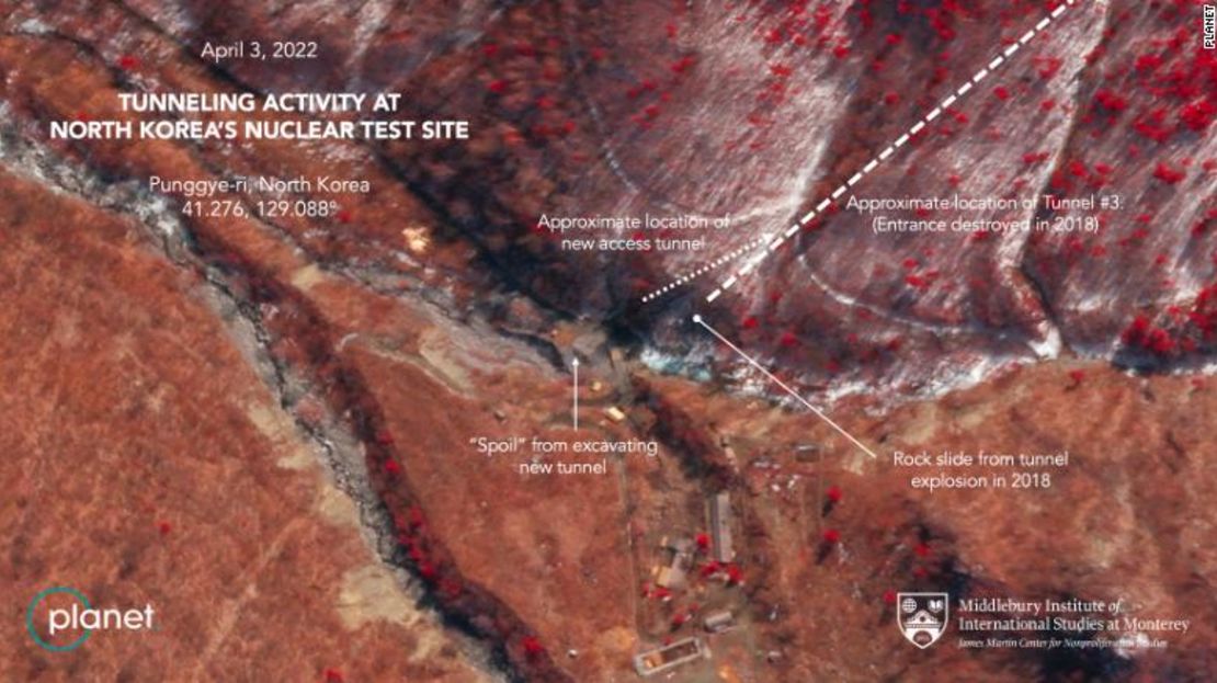 Las imágenes del 3 de abril de Planet muestran un nuevo túnel de corte transversal, según Jeffery Lewis, experto en armas y profesor del Instituto de Estudios Internacionales de Middlebury.