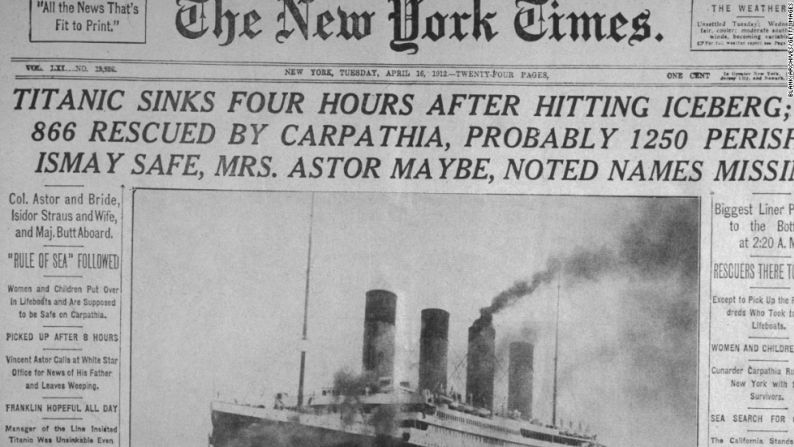 Noticias de la tragedia: la plana principal del diario The New York Times del 16 de abril de 1912 anuncia el hundimiento del Titanic. Crédito: Blank Archives /Getty Images