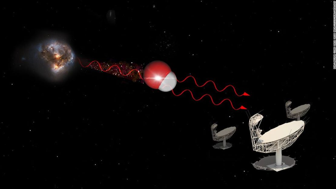 Una ilustración artística muestra cómo el telescopio MeerKAT detectó un megamaser a 5.000 millones de años luz.