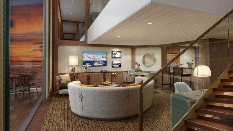 Wintergarden Suite de Seabourn Venture: la visión del diseñador Adam D. Tihany para la Wintergarden Suite fue equilibrar la belleza y la relajación a bordo del primer barco de expedición de la línea. Los viajes comienzan a partir de US$ 17.999 por persona. Crédito: Seabourn Cruise Line