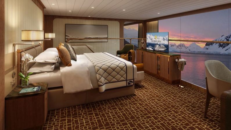 Wintergarden Suite del Seabourn Venture: esta suite, que se estrenará a mediados de abril de 2022, contará con toques de distinción, como un televisor que desaparece con el toque de un botón para permitir vistas ininterrumpidas desde la cama. Crédito: Seabourn Cruise Line