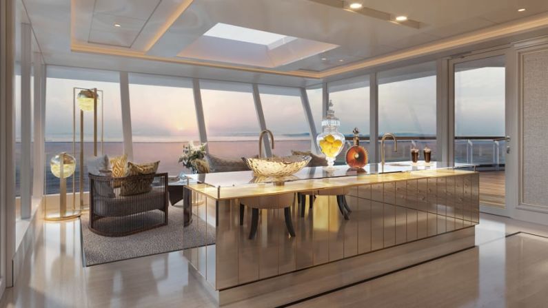 Regent Suite del Seven Seas Splendor: Una estancia en esta magnífica suite cuesta al menos US$ 54.999 por persona, dependiendo de la duración del viaje. La Regent Suite ofrece 412 metros cuadrados de espacio. Crédito: Regent Seven Seas