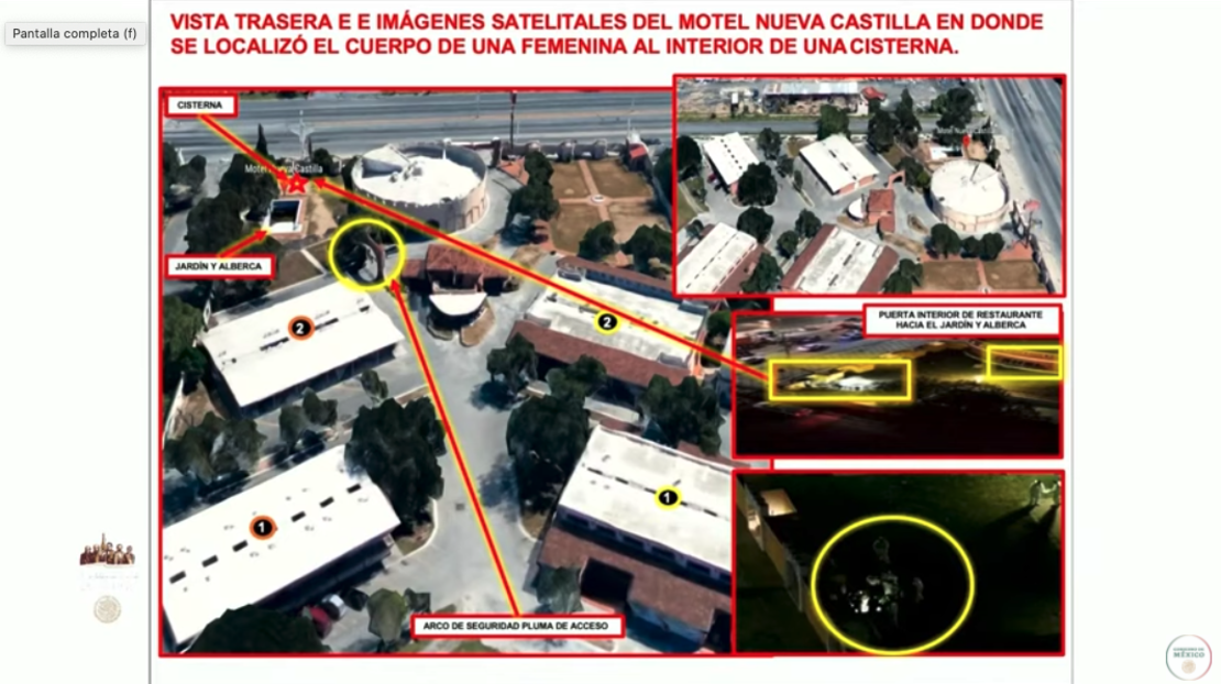 Ricardo Mejía Berdeja mostró imágenes satelitales del motel Nueva Castilla en donde fue localizado el cuerpo de una mujer. Fuente: Conferencia matutina del gobierno de México.