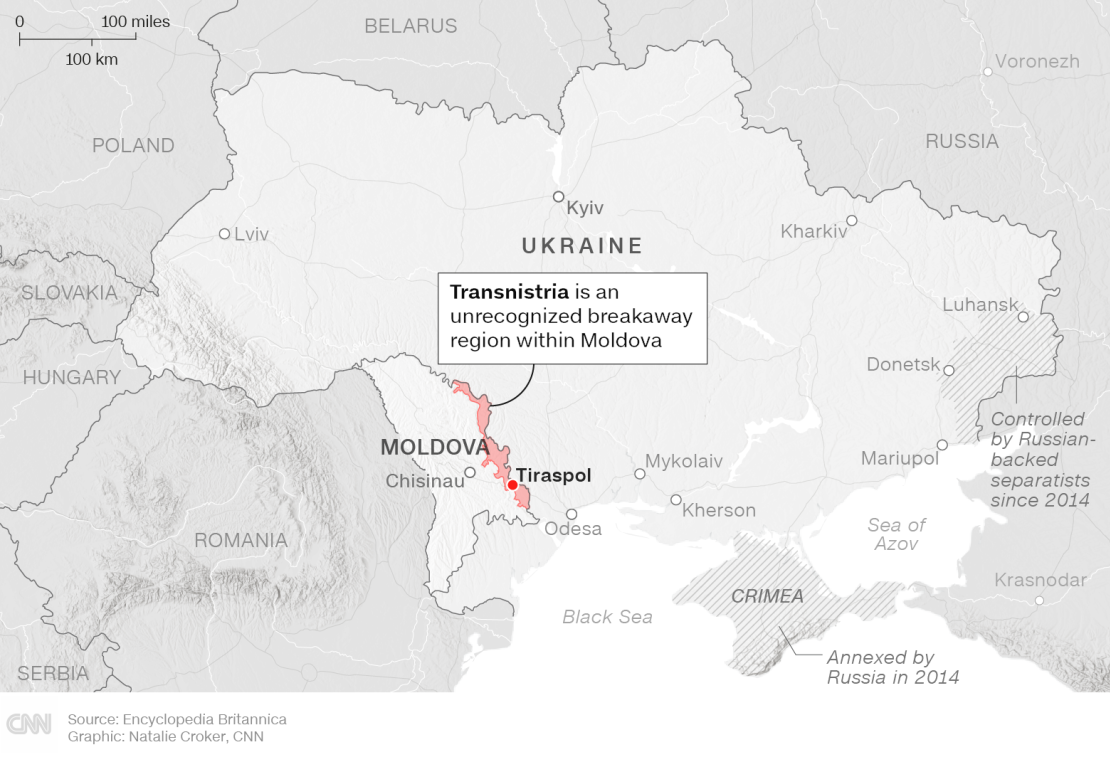 Transnistria es una región separatista no reconocida dentro de Moldova.Fuente: Enciclopedia Británica.Gráfico: Natalie Croker, CNN