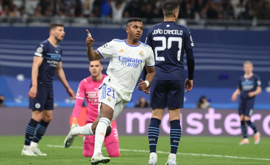 Rodrygo, del Real Madrid, celebra uno de sus goles en la semifinal de la Champions contra el Manchester City